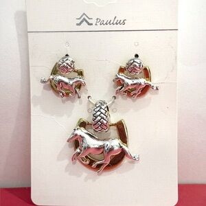 Horse & Horseshoe Earrings and Pendant Matching Set Silver / Gold Jewelry NEW